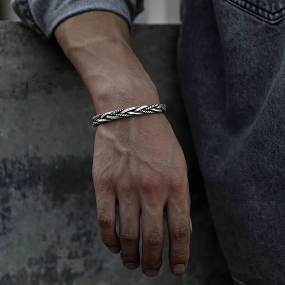 MEN’S Solid Braided Adjustable 925 Sterling Silver Cuff Bracelet - Picture 3 of 14